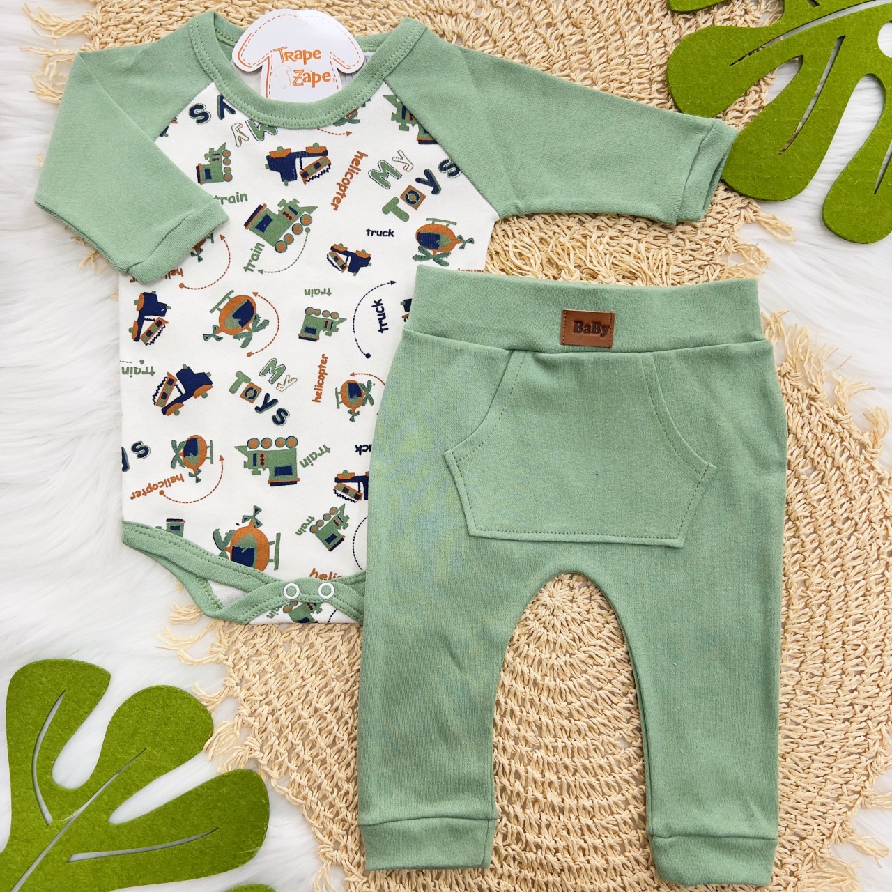 Conj. Body Trenzinho Manga Longa e Calça- Verde e Off White